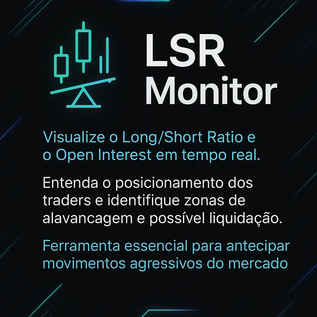 Banner LSR Monitor – Ferramenta de análise cripto com Long/Short Ratio e Open Interest para detectar alavancagem e risco de liquidação.