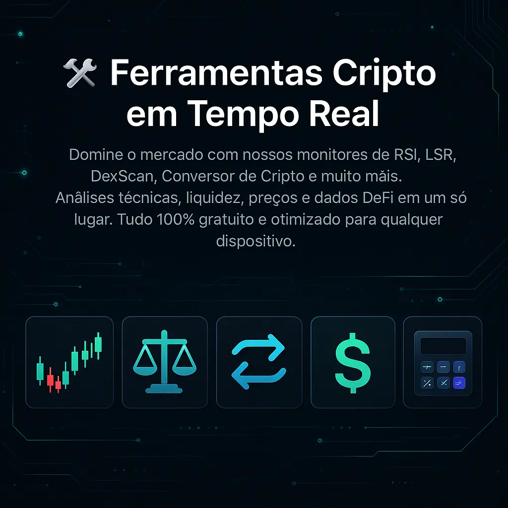 Banner Crypto Tools – Painel com ferramentas de trading cripto como RSI Monitor, LSR, DexScan e Conversor em tempo real