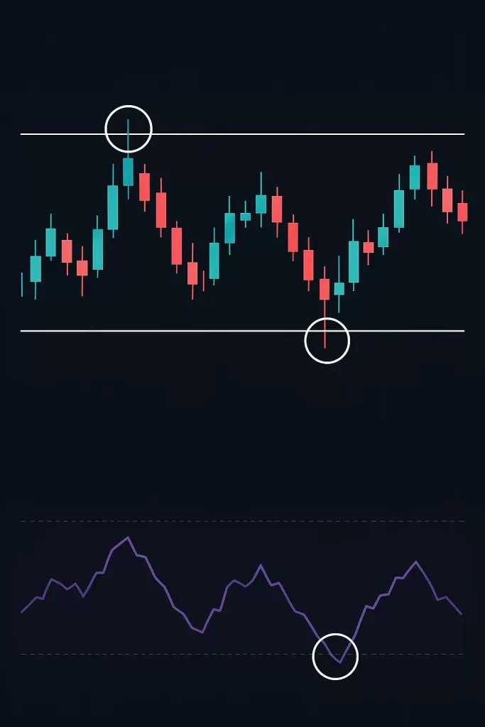 Gráfico de velas em lateralização com Índice de Força Relativa RSI mostrando sobrecompra e sobrevenda em níveis de suporte/resistência