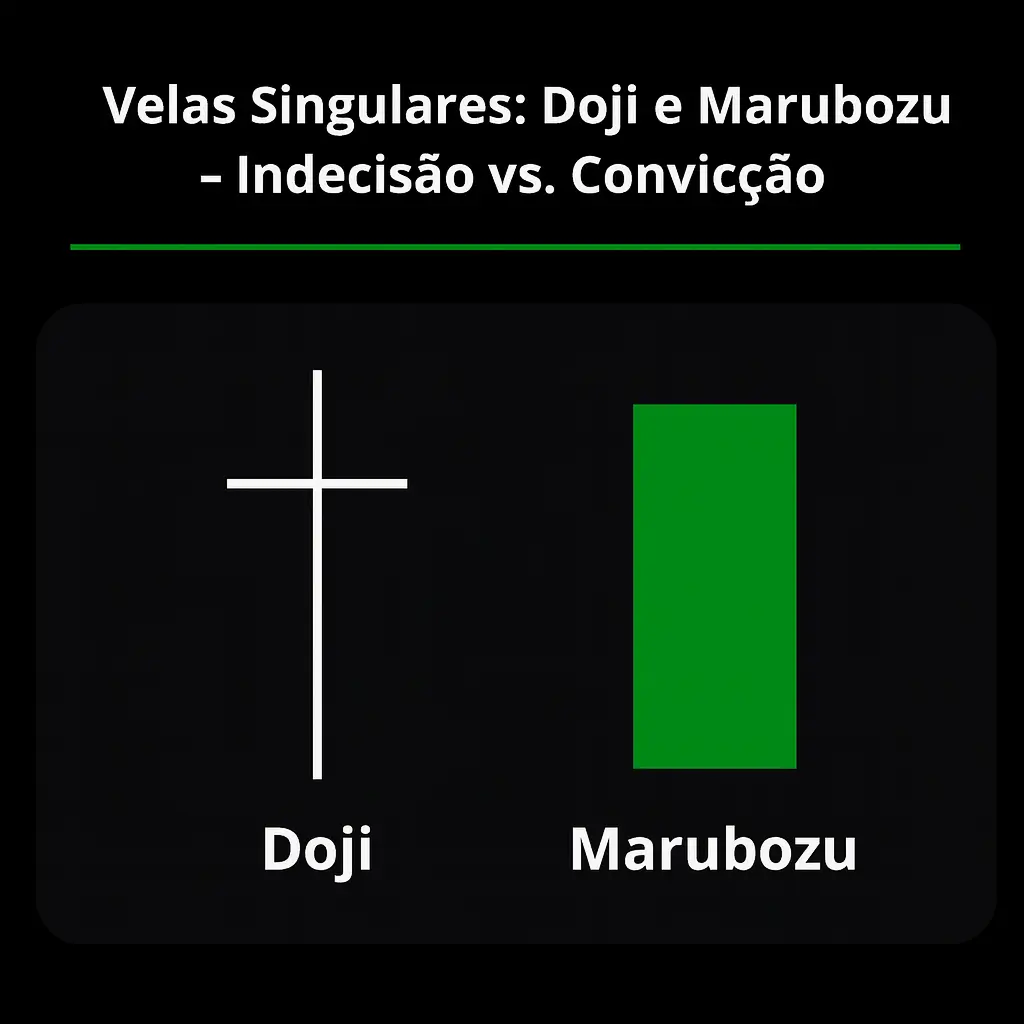 2. Velas Singulares: Doji e Marubozu – Indecisão vs. Convicção