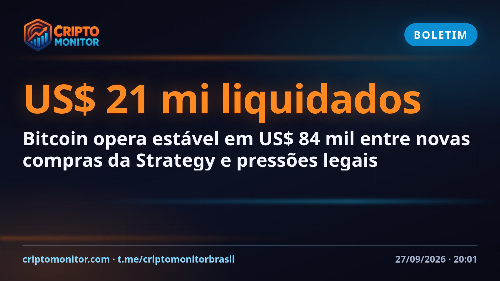 Bitcoin opera estável em US$ 84 mil entre novas compras da Strategy e pressões legais
