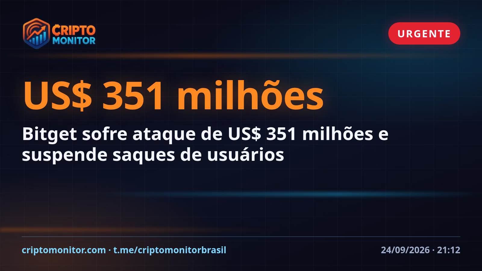 Bitget sofre ataque de US$ 351 milhões e suspende saques de usuários