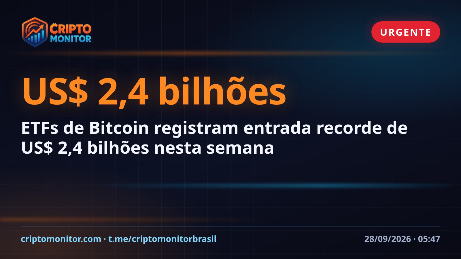 ETFs de Bitcoin registram entrada recorde de US$ 2,4 bilhões nesta semana