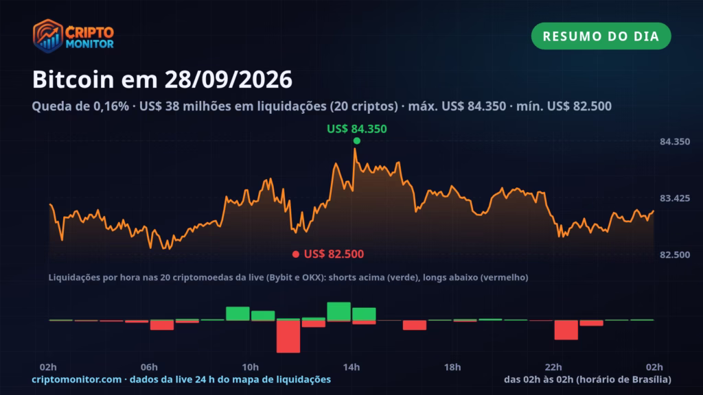 Resumo do Bitcoin em 28/09: queda de 0,16% no dia e US$ 38 milhões em liquidações de cripto