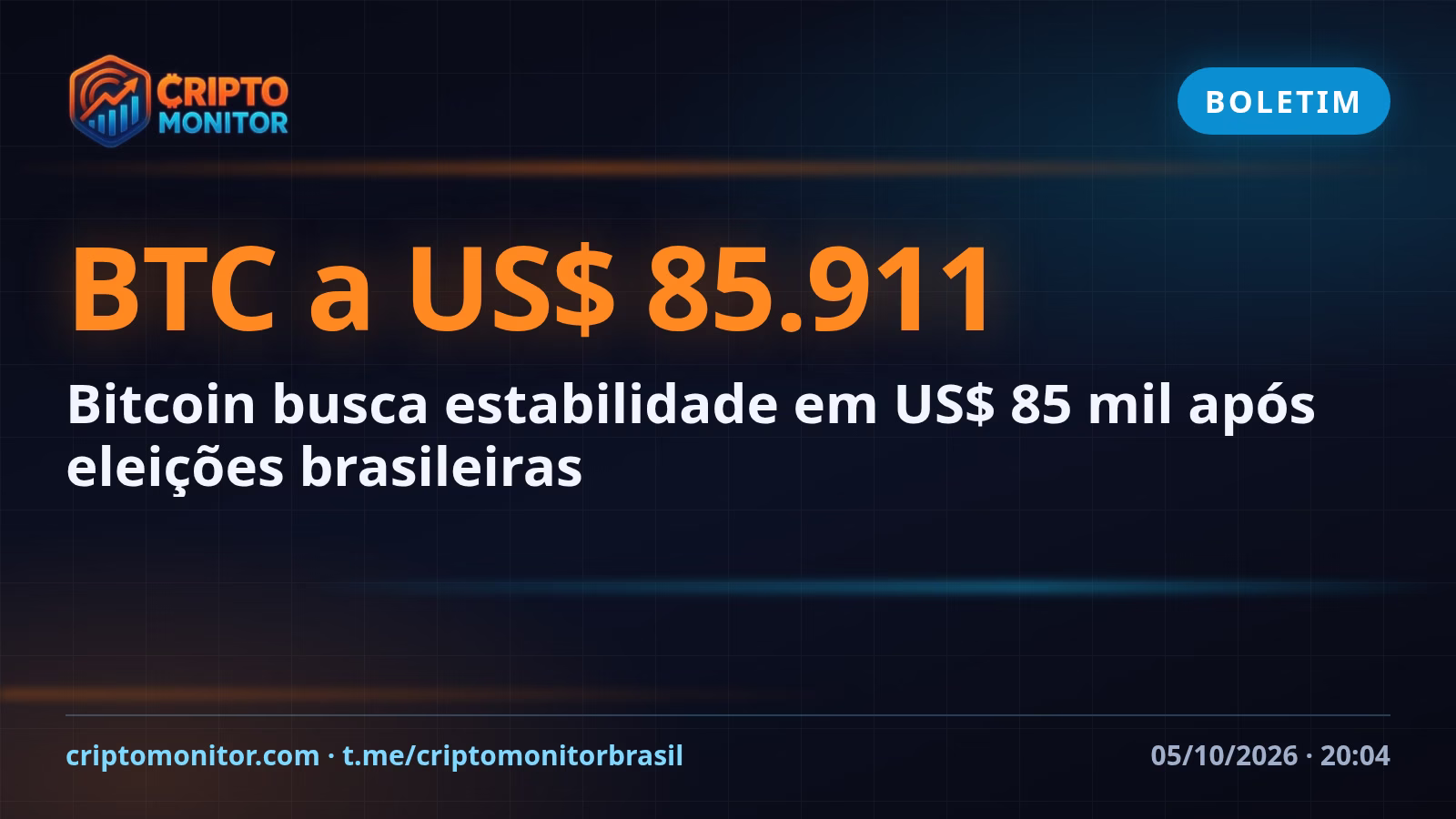 Bitcoin busca estabilidade em US$ 85 mil após eleições brasileiras
