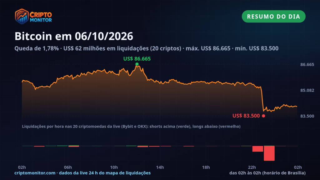 Resumo do Bitcoin em 06/10: queda de 1,78% no dia e US$ 62 milhões em liquidações de cripto