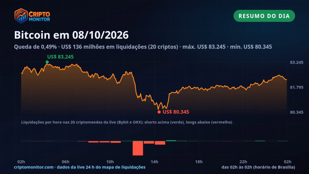 Resumo do Bitcoin em 08/10: queda de 0,49% no dia e US$ 136 milhões em liquidações de cripto